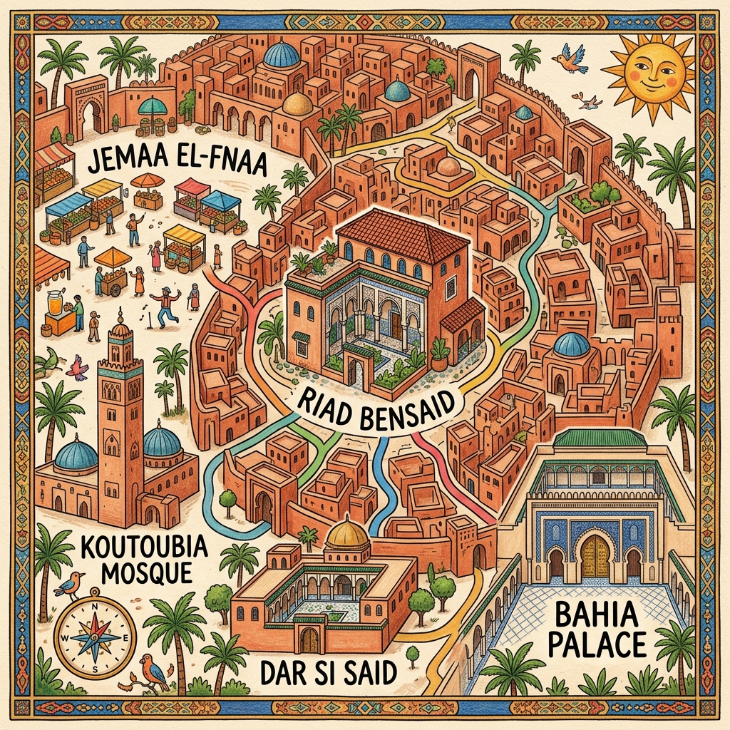 Cartoon style map of Marrakech walking tour from Riad Bensaid